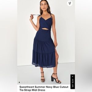 Lulu’s Sweetheart Summer Navy Blue Cutout tie strap midi dress. Size L